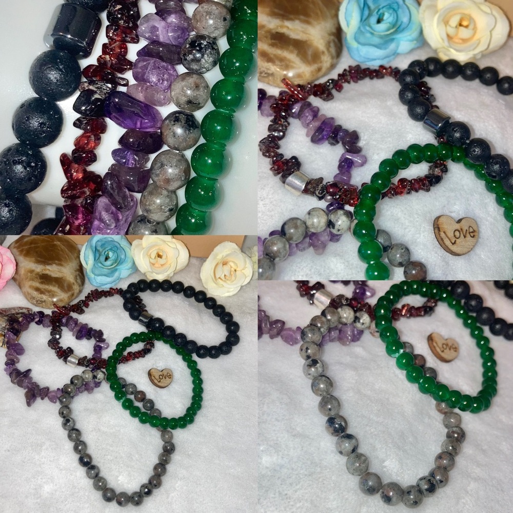 5x Natural Gemstone Beaded Handmade Bracelet Set Yooperlite Pink Tourmaline - Picture 2 of 7
